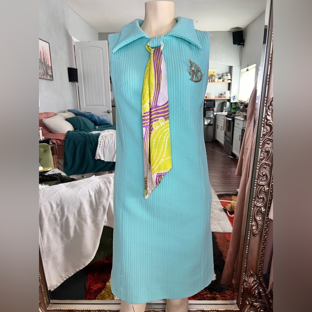 Vintage Retro Aqua Ribbed Knit Shift Dress with Scarf Detail